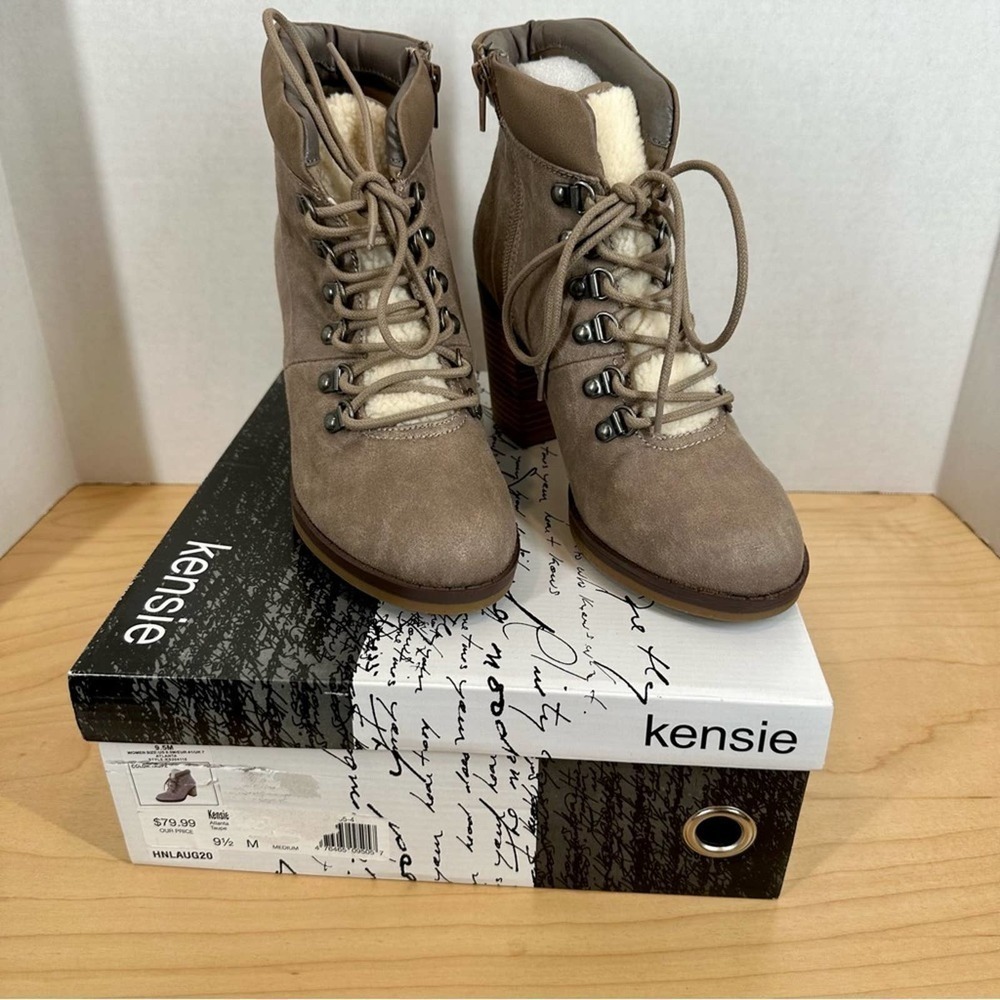 Kensie Women's Taupe Block Heel Lace Up Bootie w/ Plush Lining Size 9.5 NWT